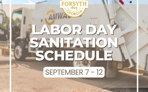 Labor Day Sanitation Schedule graphic with Forsyth logo and Amwaste truck.