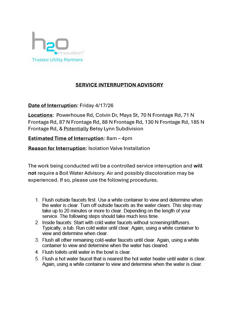 Interruption Advisory and Flushing Instructions