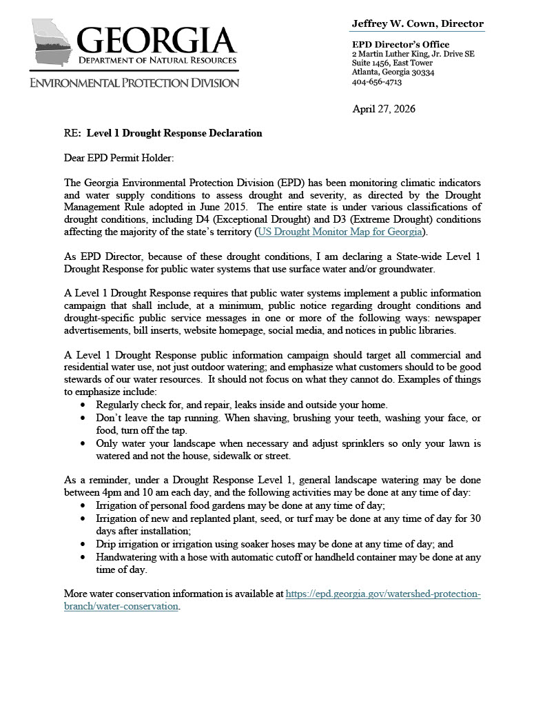 Page 1 of Level 1 Drought Response Declaration